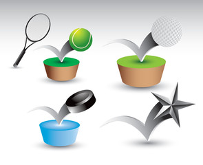 Balls, puck, and star bouncing on platform