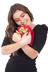 woman holding a red gift box