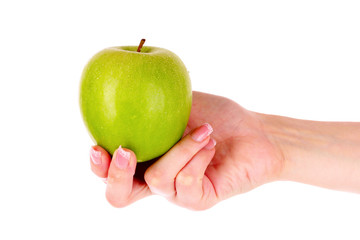 An apple on the hand isolated on white