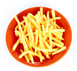 French fries in the pan isolated on white