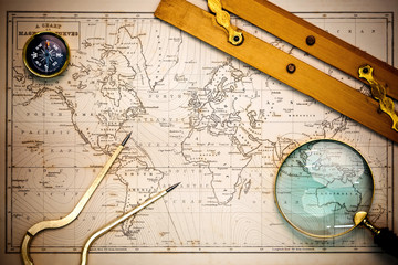 Old map and navigational objects. - obrazy, fototapety, plakaty