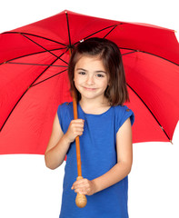 Brunette little girl with a red umbrella