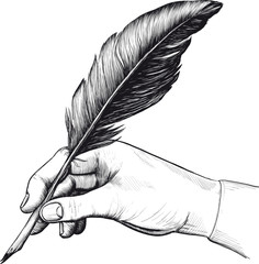drawing of hand with a feather pen - obrazy, fototapety, plakaty
