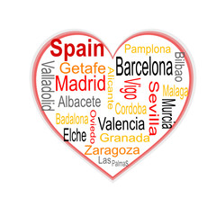 Spain Heart and words cloud with larger cities