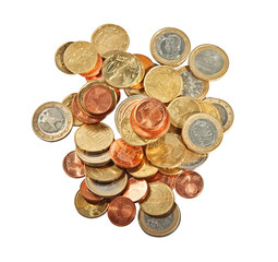 Euro coins on white background.