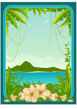 Beautiful Landscape with tropical plants. Vector blank Postcard