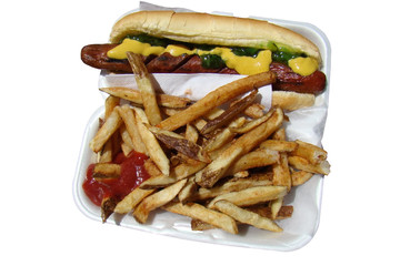 hotdog and fries isolated on white