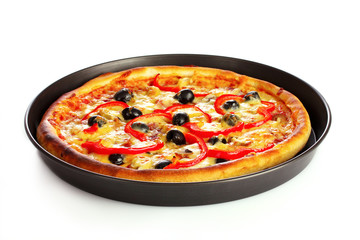 tasty pizza on plate isolated on white