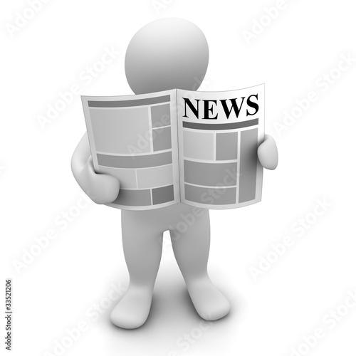 "Man standing and reading newspaper. 3d illustration." Stock photo and