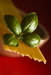 Spaghetti z bazylią na czerwonym tle