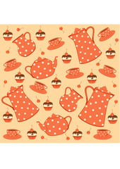 Vector illustration with tea set and cakes.