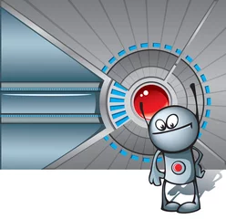 Poster Robot met knop tegen technologische achtergrond, vector © Sergey Oganesov