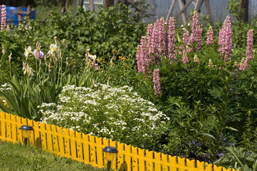 Дачная клумба с цветами и декоративным забором