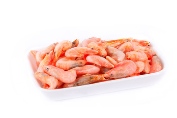 Frozen red shrimps in white box