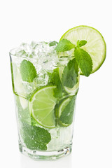 Mojitos cocktail with lime, ice and mint