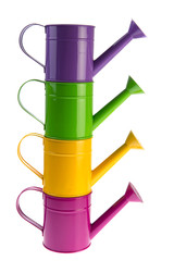 Colorful stacked watering cans