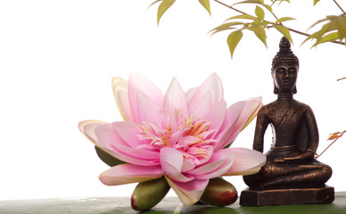Fleur et petite statue de Bouddha
