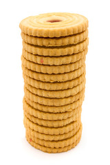 Towerof  jam filled biscuits over white