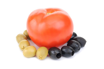 Red tomato,   green  and black olives  isolation on  white