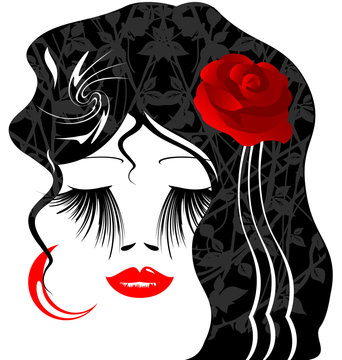 female image with red rose in her hair