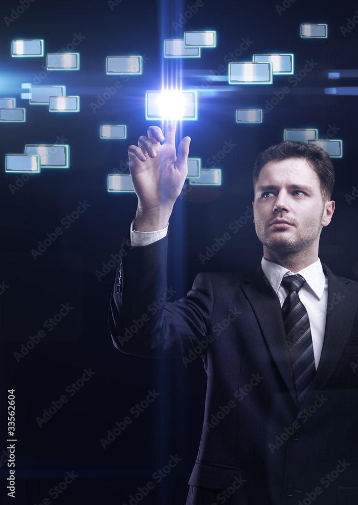 Poster business man pressing a touchscreen button