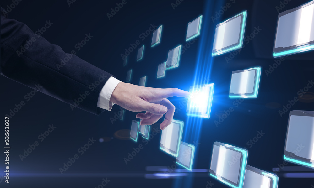 Aufkleber hand pushing a button on a touch screen interface