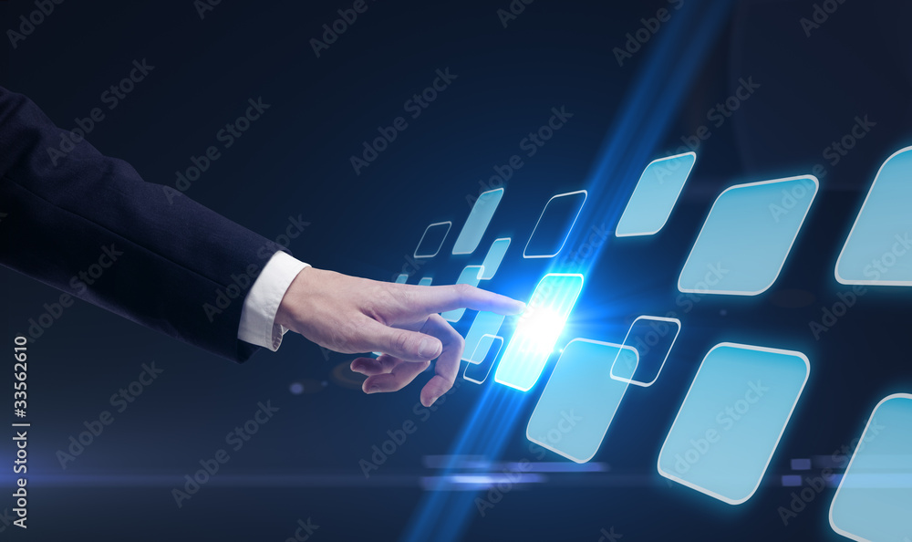 Aufkleber hand pushing a button on a touch screen interface