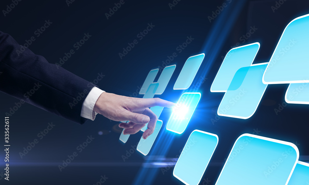 Aufkleber hand pushing a button on a touch screen interface