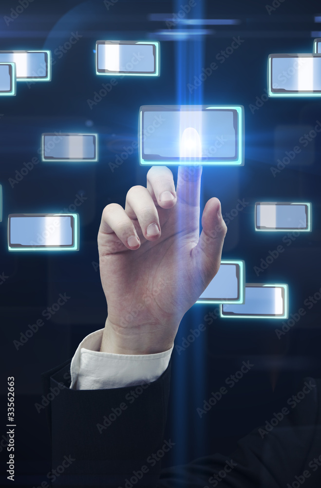 Aufkleber hand pushing a button on a touch screen interface