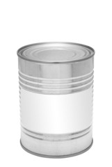 Metal tin can with blank white label on front, isolated