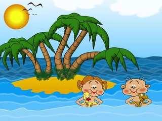 Foto op Plexiglas Kinderen in het water op het eilandstrand © Winne
