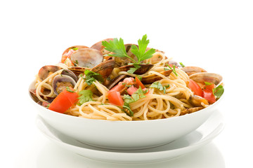 Pasta with Clams on white isolated background