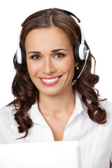 Young support phone operator in headset, isolated on white