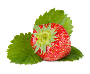 Strawberry fruits with green leaves