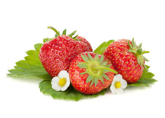 Three strawberry fruits with flowers and green leaves