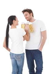 Young couple drinking beer having fun smiling