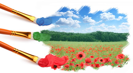 Three brushes paint a beautiful landscape with poppies.