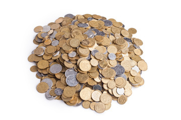 Heap of ukrainian coins isolated on white background