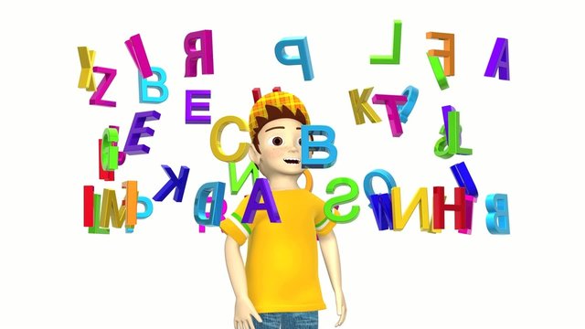 Junge ist von Buchstaben umgeben