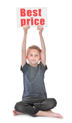 boy holding best price inscription
