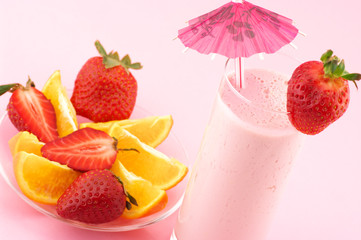Strawberry protein cocktail and fruits