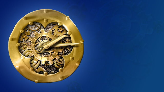 Animated old mythical clock on blue background, loop