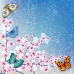 Wall murals Butterflies in Grunge abstract background with butterfly and flowers