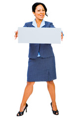 Confident businesswoman showing placard