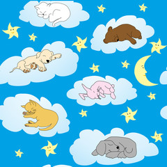 Obraz premium Background with cute doodle animals sleeping on clouds