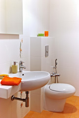 Interior of a bath room with sink and bawl