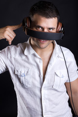 Funny man with headphones