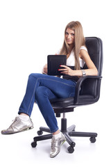 Fototapeta na wymiar Woman With Tablet Computer in Office Chair