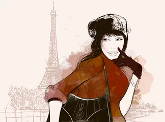 Door stickers Illustration Paris woman in autumn