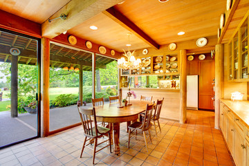 Dining room with green view and windows wall
